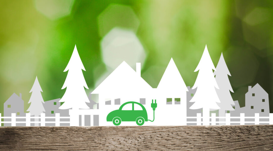 Voiture verte electrique - ecologique dans paysage stylise blanc - illustration